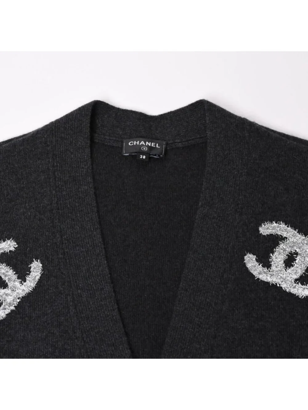 Chanel Cashmere Knit Cardigan CC Logo Glitter Charcoal 38